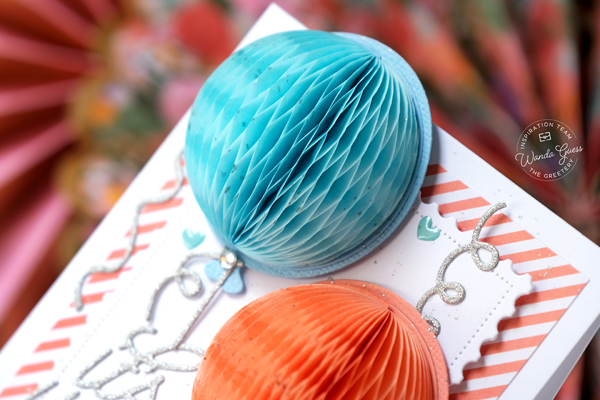 the greetery, the greetery stamps and dies, the greetery new release, confetti encore collection, the greetery award winning dies, the greetery inflated sentiments, the greetery honeycombs, the greetery balloons, the greetery party hat, the greetery what's the scoop, honeycomb balls, gingham, party, birthday, crafts, invitations, wanda guess, a blog called wanda