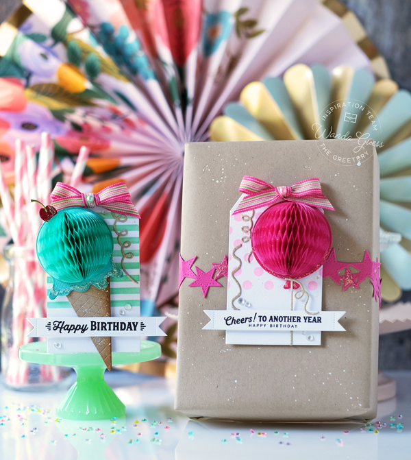 the greetery, the greetery stamps and dies, the greetery honeycomb, birthday card ideas, birthday gift ideas, tags, handmade, tag team duo the greetery, make your own birthday, party ideas, handmade gifts, kraft wrapping, honeycomb balls, stencils, wanda guess, a blog called wanda