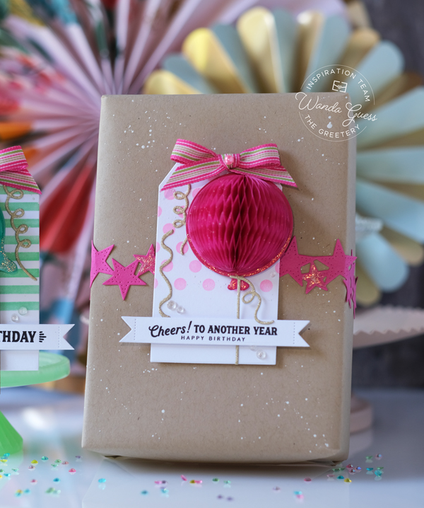 the greetery, the greetery stamps and dies, the greetery honeycomb, birthday card ideas, birthday gift ideas, tags, handmade, tag team duo the greetery, make your own birthday, party ideas, handmade gifts, kraft wrapping, honeycomb balls, stencils, wanda guess, a blog called wanda