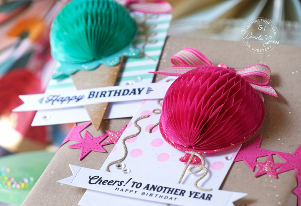 the greetery, the greetery stamps and dies, the greetery honeycomb, birthday card ideas, birthday gift ideas, tags, handmade, tag team duo the greetery, make your own birthday, party ideas, handmade gifts, kraft wrapping, honeycomb balls, stencils, wanda guess, a blog called wanda