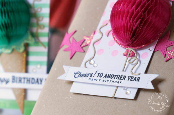 the greetery, the greetery stamps and dies, the greetery honeycomb, birthday card ideas, birthday gift ideas, tags, handmade, tag team duo the greetery, make your own birthday, party ideas, handmade gifts, kraft wrapping, honeycomb balls, stencils, wanda guess, a blog called wanda