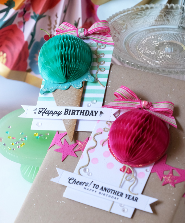 the greetery, the greetery stamps and dies, the greetery honeycomb, birthday card ideas, birthday gift ideas, tags, handmade, tag team duo the greetery, make your own birthday, party ideas, handmade gifts, kraft wrapping, honeycomb balls, stencils, wanda guess, a blog called wanda