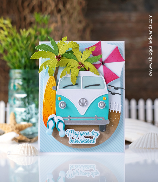 honey bee stamps and dies, honey bee sunkissed summer, summer release, summer card ideas, van dies, palm tree dies, summer scene, beach, ocean, honey bee stamps hammock dies, honey bee shoreline scene, honey bee at the beach, honey bee sunkissed summer honey cuts, handmade cards, new dies, wanda guess, a blog called wanda