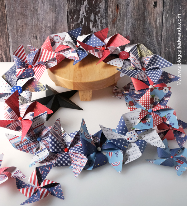 pretty pink posh, pretty pink posh pinwheels, 3d pinwheels, wreath, paper wreath, pinwheel wreath, 4th of july, americana, home decor, usa decorations, wanda guess, a blog called wanda