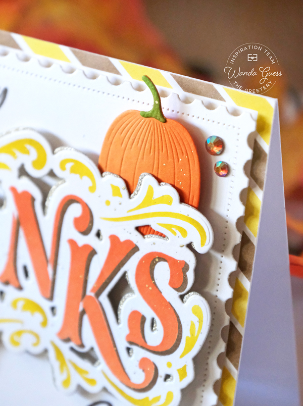 the greetery, the greetery stamps and dies, the greetery thanks, the greetery flourished, the greetery stencils, thanksgiving card, handmade card ideas, fall, autumn, pumpkins, card ideas, thanksgiving crafts, wanda guess, a blog called wanda