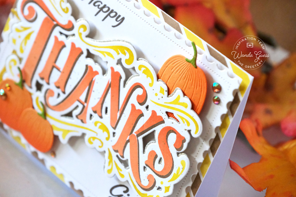 the greetery, the greetery stamps and dies, the greetery thanks, the greetery flourished, the greetery stencils, thanksgiving card, handmade card ideas, fall, autumn, pumpkins, card ideas, thanksgiving crafts, wanda guess, a blog called wanda