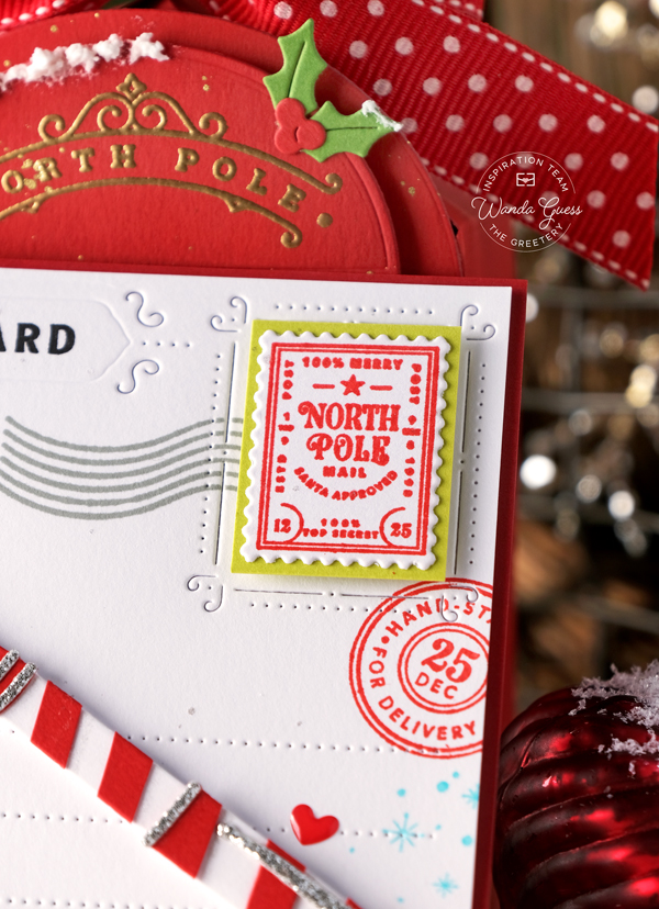 the greetery, the greetery stamps and dies, the greetery fireside collection, the greetery christmas, holiday, winter, mailbox, letter, dear santa, christmas card ideas, christmas treat holders, the greetery cards, the greetery ribbon frame, flourished phrases, holiday peace, diy, classic christmas crafts, wanda guess, a blog called wanda