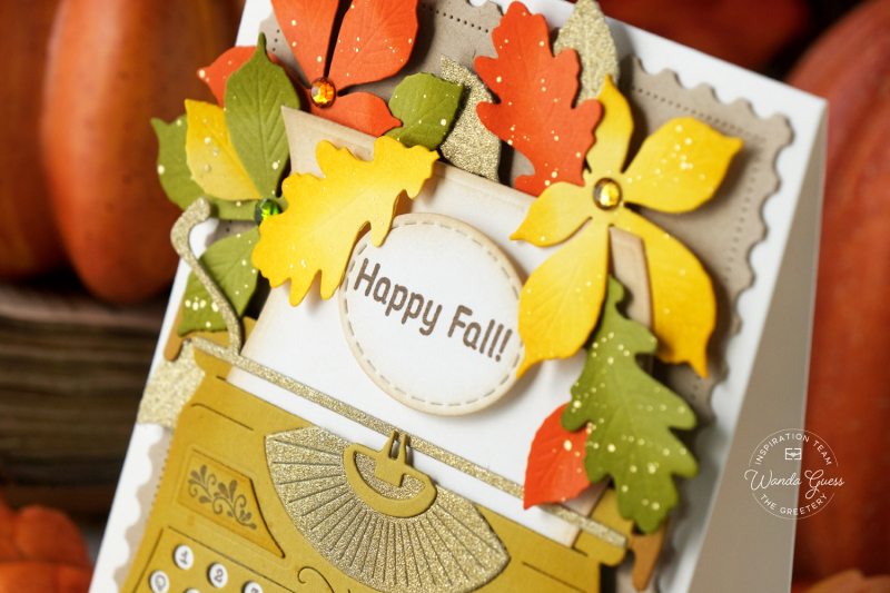 the greetery, the greetery stamps and dies, the greetery vintage type, fall card, autumn card, leaves, typewriter card, vintage, retro, handmade card, wanda guess, a blog called wanda