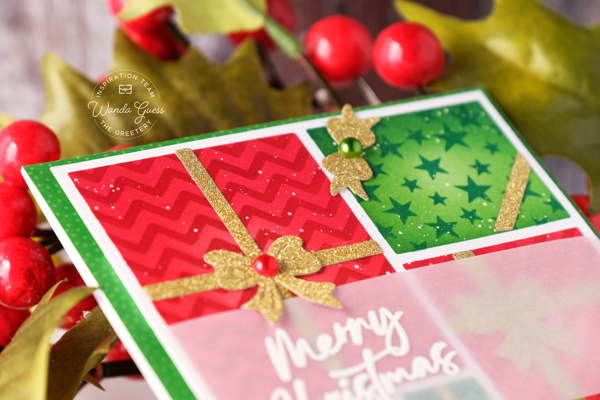 the greetery, the greetery stamps and dies, the greetery christmas, gifts galore stencils, presents, merry christmas, christmas card ideas, handmade christmas cards, stencils, distress inks, wanda guess, a blog called wanda