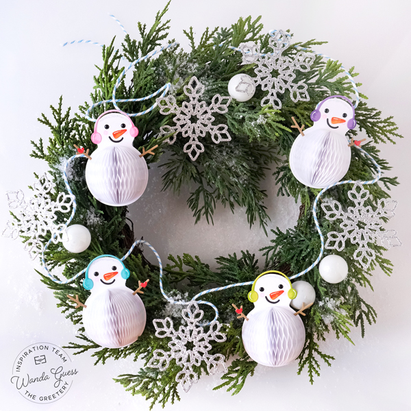 the greetery, the greetery stamps and dies, the greetery snowman, banner, christmas, winter, holiday, honeycomb, winter snowman banner, a blog called wanda, wanda guess, the greetery design team, holiday craft ideas