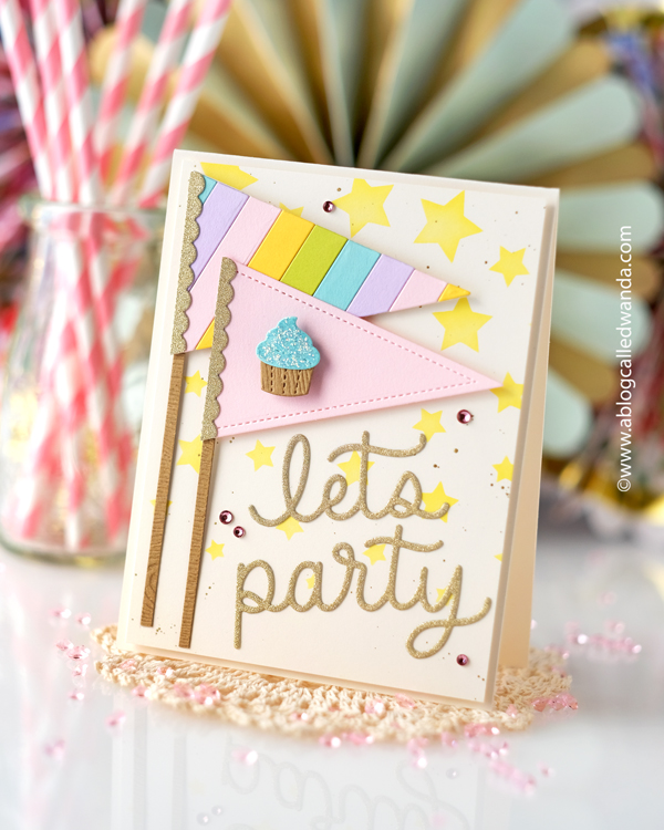 Pretty Pink Posh, pretty pink posh stamps and dies, pretty pink posh treat box, dog holder, birthday, birthday card ideas, party flags, pennants, let's party, handmade card ideas, birthday party, wanda guess, a blog called wanda