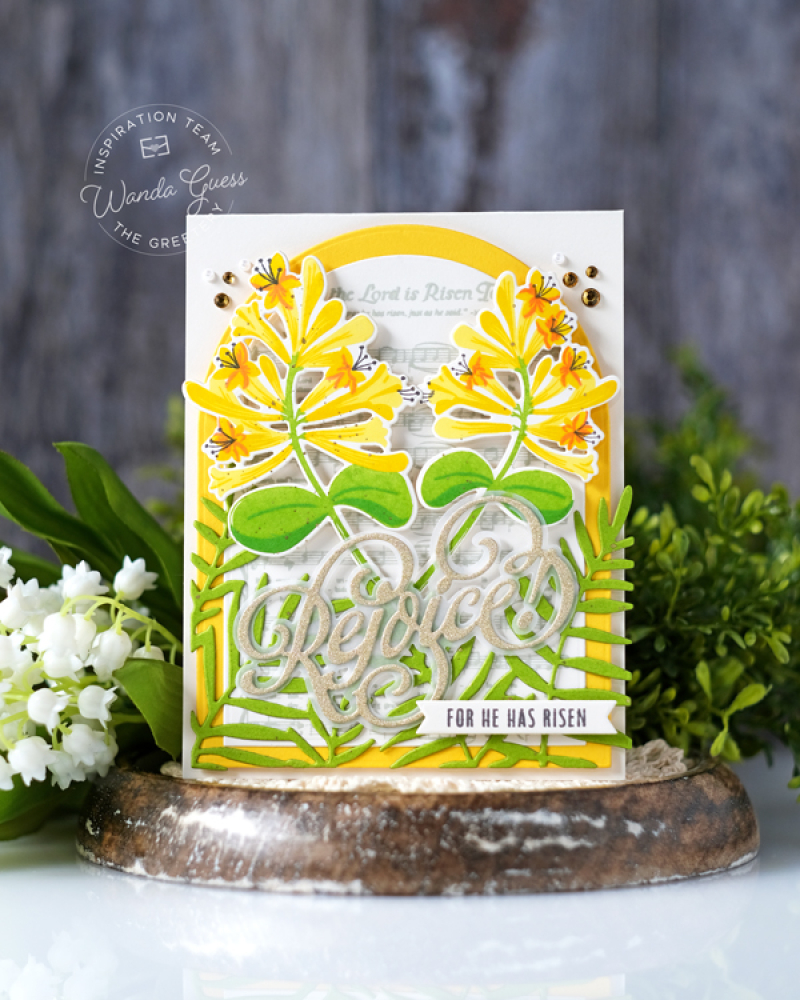 the greetery, the greetery stamps and dies, easter, spring, easter card ideas, handmade cards, honeysuckle stamp set, christian, religious, diy easter, stamping, rejoice, wanda guess, a blog called wanda