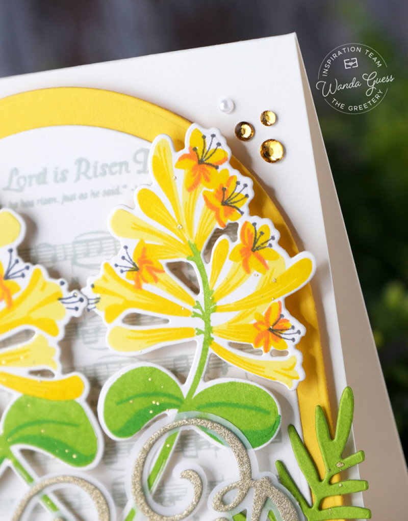 the greetery, the greetery stamps and dies, easter, spring, easter card ideas, handmade cards, honeysuckle stamp set, christian, religious, diy easter, stamping, rejoice, wanda guess, a blog called wanda