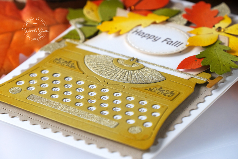 the greetery, the greetery stamps and dies, the greetery vintage type, fall card, autumn card, leaves, typewriter card, vintage, retro, handmade card, wanda guess, a blog called wanda