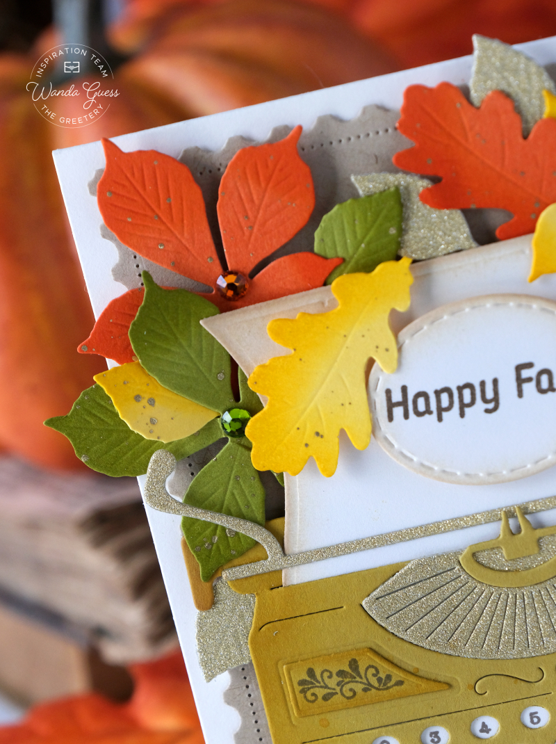 the greetery, the greetery stamps and dies, the greetery vintage type, fall card, autumn card, leaves, typewriter card, vintage, retro, handmade card, wanda guess, a blog called wanda