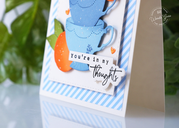 the greetery, the greetery stamps and dies, the greetery design team, the greetery lemon blossom, teacups, tea card ideas, the greetery sips tea, oranges, doodlebug candy strips, fresh, summer, handmade card ideas, wanda guess, a blog called wanda