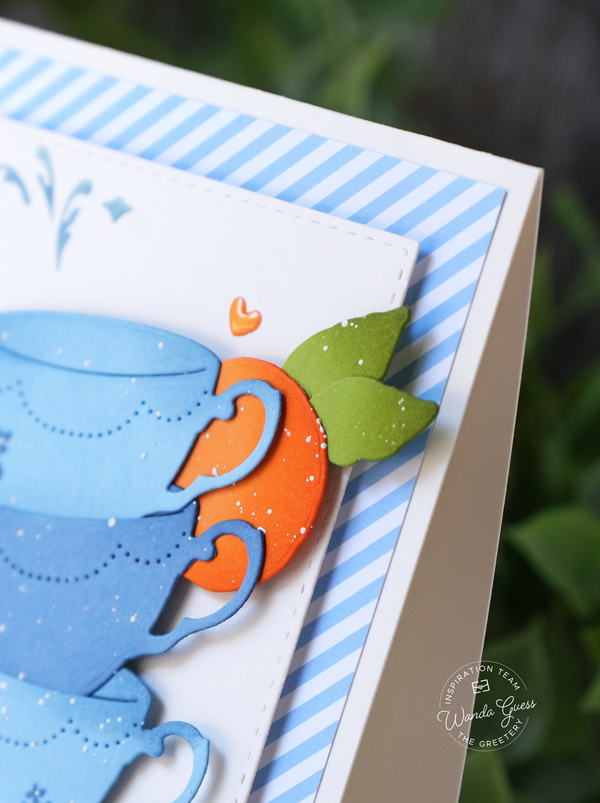 the greetery, the greetery stamps and dies, the greetery design team, the greetery lemon blossom, teacups, tea card ideas, the greetery sips tea, oranges, doodlebug candy strips, fresh, summer, handmade card ideas, wanda guess, a blog called wanda