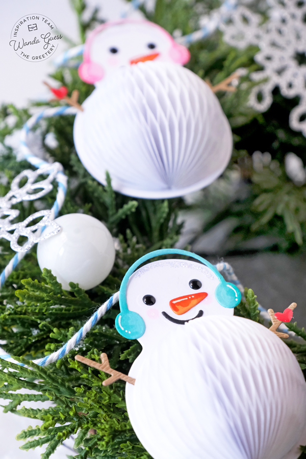 the greetery, the greetery stamps and dies, the greetery snowman, banner, christmas, winter, holiday, honeycomb, winter snowman banner, a blog called wanda, wanda guess, the greetery design team, holiday craft ideas