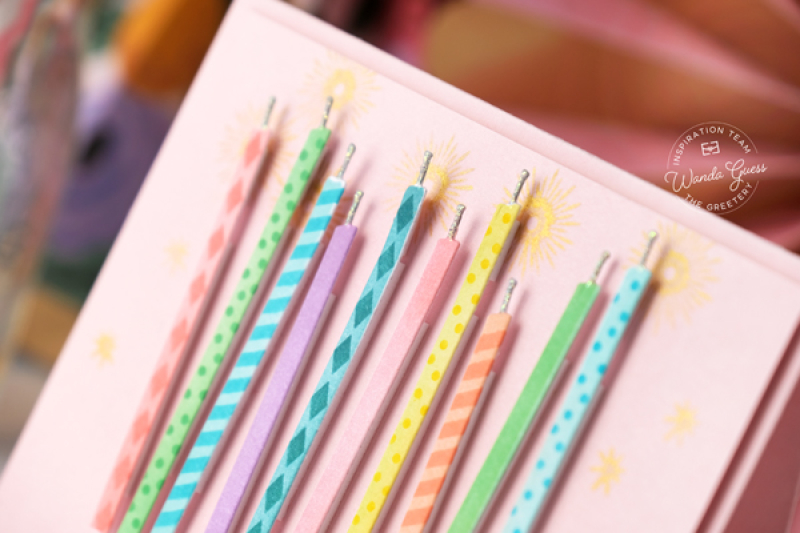 the greetery, the greetery stamps and dies, the greetery make a wish, birthday card ideas, the greetery all aglow, pink, candles, clean and simple card ideas, wanda guess, a blog called wanda