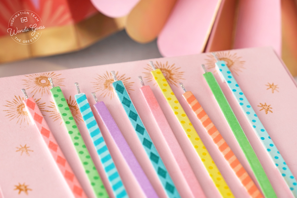 the greetery, the greetery stamps and dies, the greetery make a wish, birthday card ideas, the greetery all aglow, pink, candles, clean and simple card ideas, wanda guess, a blog called wanda