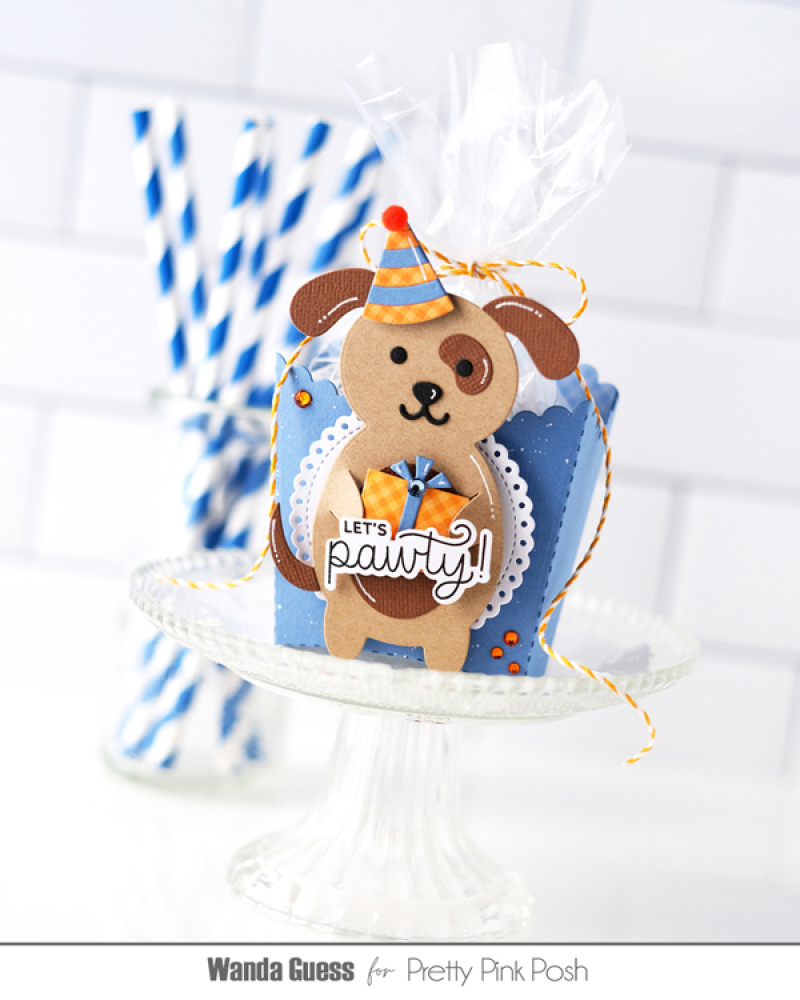 Pretty Pink Posh, pretty pink posh stamps and dies, pretty pink posh treat box, dog holder, birthday, birthday card ideas, party flags, pennants, let's party, handmade card ideas, birthday party, wanda guess, a blog called wanda