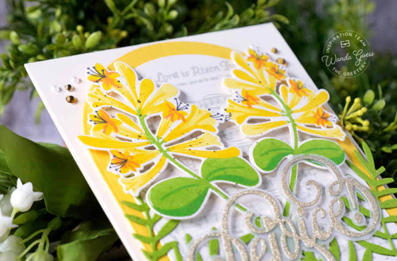 the greetery, the greetery stamps and dies, easter, spring, easter card ideas, handmade cards, honeysuckle stamp set, christian, religious, diy easter, stamping, rejoice, wanda guess, a blog called wanda