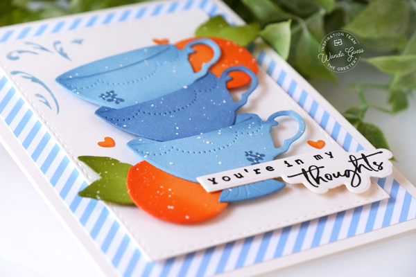 the greetery, the greetery stamps and dies, the greetery design team, the greetery lemon blossom, teacups, tea card ideas, the greetery sips tea, oranges, doodlebug candy strips, fresh, summer, handmade card ideas, wanda guess, a blog called wanda