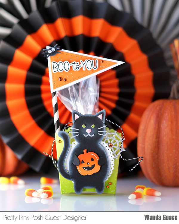 pretty pink posh, pretty pink posh stamps, halloween cards, halloween treats, treat box, pretty pink posh fringe pumpkin, cat holder, wanda guess, a blog called wanda, halloween card ideas