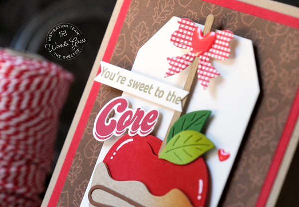 the greetery, the greetery stamps and dies, the greetery caramel apple, the greetery fall, autumn crafts, handmade cards, fall card ideas, cards with apples, gingham, wanda guess, a blog called wanda, the greetery fall foodie phrases.