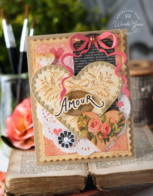 The Greetery, The Greetery stamps and dies, The Greetery Amour Market Collection, Valentine's Day, Handmade cards, Valentine crafts, Valentine cards, The Greetery Market Place Dies, The Greetery Coquette Hearts, The Greetery Bitty Blooms, wanda guess, A Blog Called Wanda