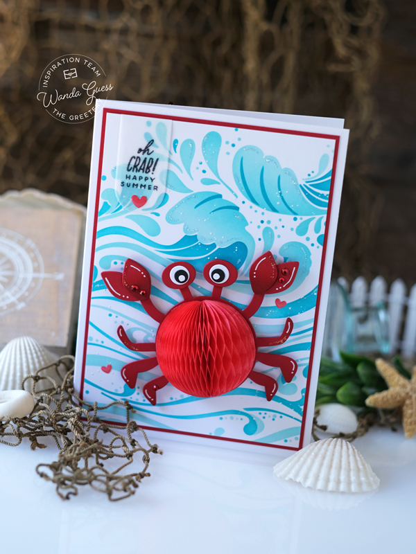 the greetery, summer mini, the greetery summer, the greetery honeycomb, the greetery crab, seahorse, fish, wave stencils, summer cards, handmade card ideas, wanda guess, a blog called wanda