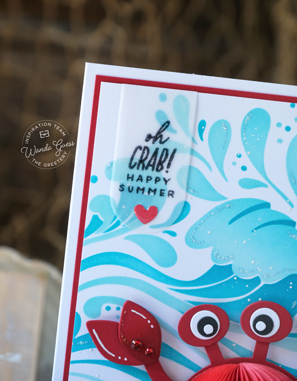 the greetery, summer mini, the greetery summer, the greetery honeycomb, the greetery crab, seahorse, fish, wave stencils, summer cards, handmade card ideas, wanda guess, a blog called wanda