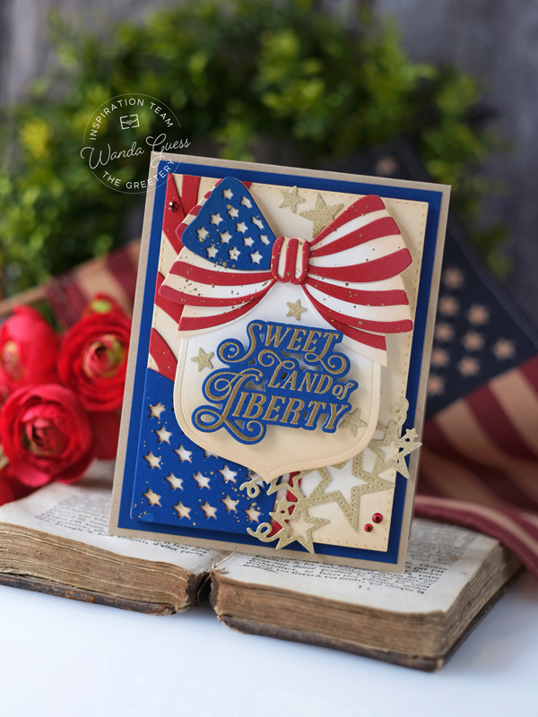 the greetery, the greetery stamps and dies, the greetery blog, the greetery patriotic, flag bow dies, wave the flag dies, land of liberty, 4th of july crafty, 4th of july cards, usa 250, america 250, wanda guess, handmade card ideas, a blog called wanda