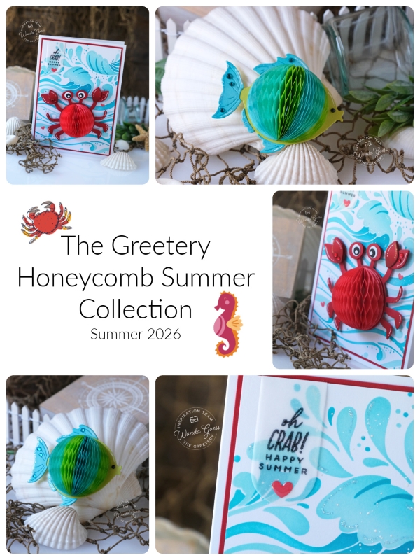 the greetery, summer mini, the greetery summer, the greetery honeycomb, the greetery crab, seahorse, fish, wave stencils, summer cards, handmade card ideas, wanda guess, a blog called wanda
