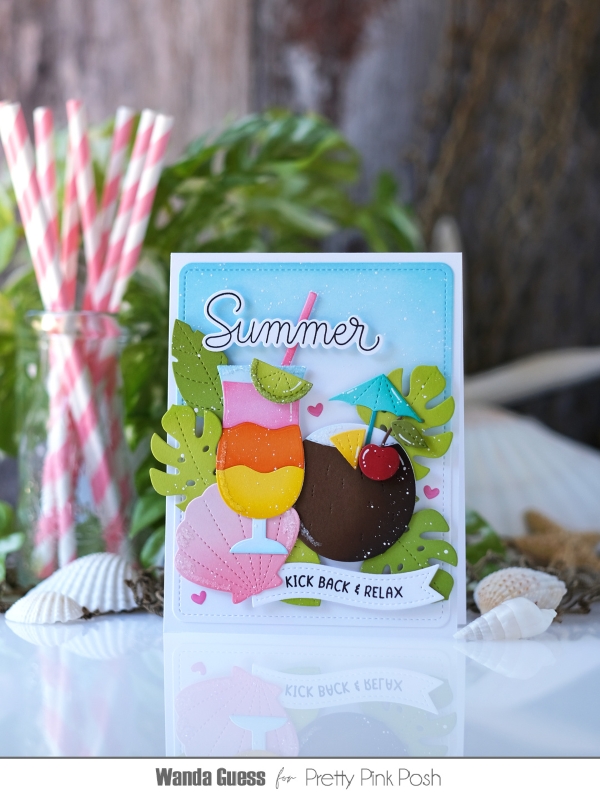 pretty pink posh, pretty pink posh stamps and dies, summer new release, cocktails, hibiscus dies, sun shaker, tropical leaves, summer card ideas, ink blending, happy summer, tropical cards, cheerful cards, wanda guess, a blog called wanda