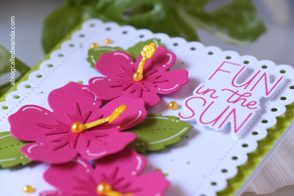 pretty pink posh, pretty pink posh stamps and dies, summer new release, cocktails, hibiscus dies, sun shaker, tropical leaves, summer card ideas, ink blending, happy summer, tropical cards, cheerful cards, wanda guess, a blog called wanda
