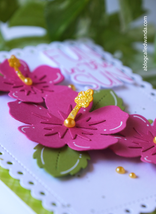 pretty pink posh, pretty pink posh stamps and dies, summer new release, cocktails, hibiscus dies, sun shaker, tropical leaves, summer card ideas, ink blending, happy summer, tropical cards, cheerful cards, wanda guess, a blog called wanda