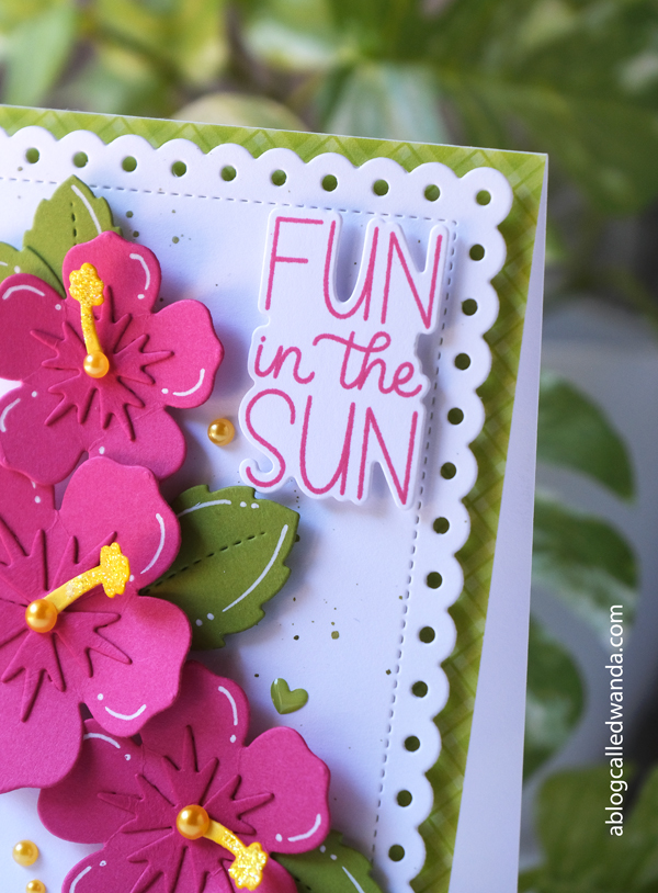 pretty pink posh, pretty pink posh stamps and dies, summer new release, cocktails, hibiscus dies, sun shaker, tropical leaves, summer card ideas, ink blending, happy summer, tropical cards, cheerful cards, wanda guess, a blog called wanda