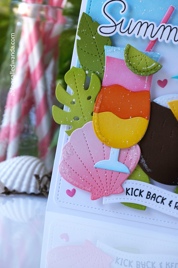pretty pink posh, pretty pink posh stamps and dies, summer new release, cocktails, hibiscus dies, sun shaker, tropical leaves, summer card ideas, ink blending, happy summer, tropical cards, cheerful cards, wanda guess, a blog called wanda