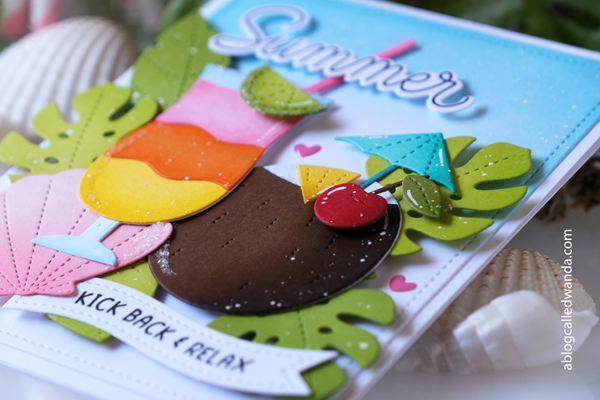 pretty pink posh, pretty pink posh stamps and dies, summer new release, cocktails, hibiscus dies, sun shaker, tropical leaves, summer card ideas, ink blending, happy summer, tropical cards, cheerful cards, wanda guess, a blog called wanda