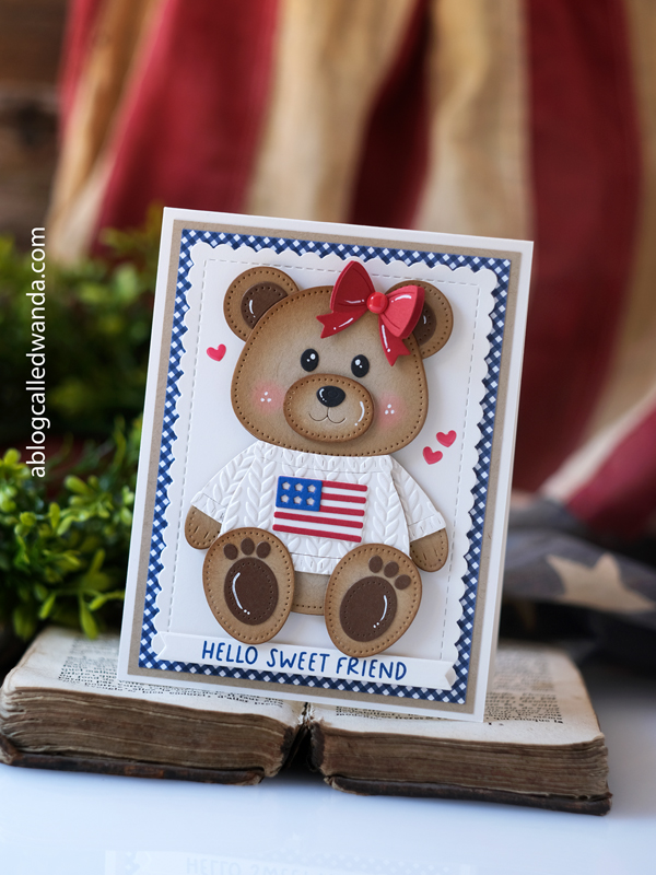 papertrey ink stamps and dies, papertrey ink build a bear dies, bear card, cute card ideas, handmade card ideas, 4th of july cards, patriotic crafts, sweater card, knitting embossing folder, wanda guess, a blog called wanda