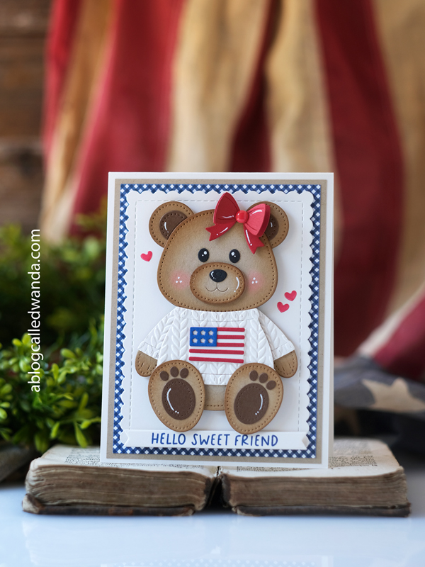 papertrey ink stamps and dies, papertrey ink build a bear dies, bear card, cute card ideas, handmade card ideas, 4th of july cards, patriotic crafts, sweater card, knitting embossing folder, wanda guess, a blog called wanda