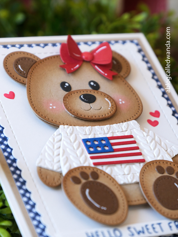 papertrey ink stamps and dies, papertrey ink build a bear dies, bear card, cute card ideas, handmade card ideas, 4th of july cards, patriotic crafts, sweater card, knitting embossing folder, wanda guess, a blog called wanda