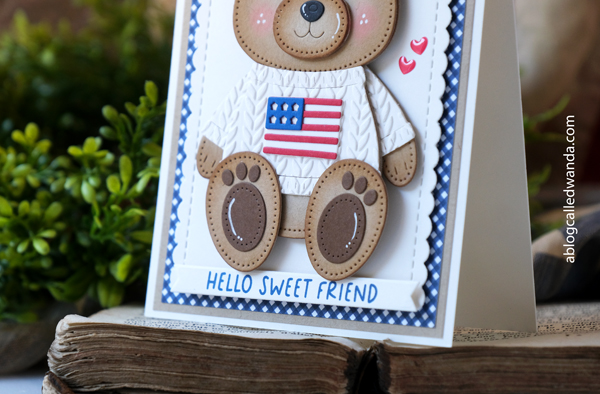papertrey ink stamps and dies, papertrey ink build a bear dies, bear card, cute card ideas, handmade card ideas, 4th of july cards, patriotic crafts, sweater card, knitting embossing folder, wanda guess, a blog called wanda