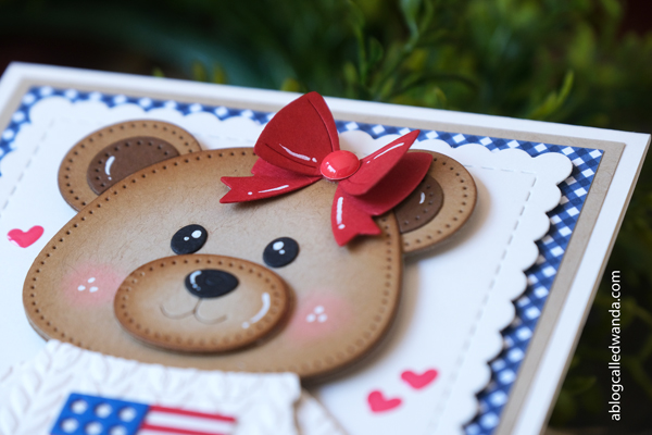papertrey ink stamps and dies, papertrey ink build a bear dies, bear card, cute card ideas, handmade card ideas, 4th of july cards, patriotic crafts, sweater card, knitting embossing folder, wanda guess, a blog called wanda