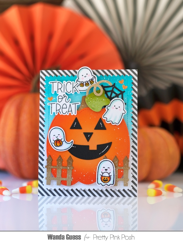 pretty pink posh, pretty pink posh halloween, new release, stamps and dies, halloween card ideas, jack o lantern, shaker dies, mini ghosts, caramel apple dies, ink blending, wanda guess, a blog called wanda, hand stamped cards