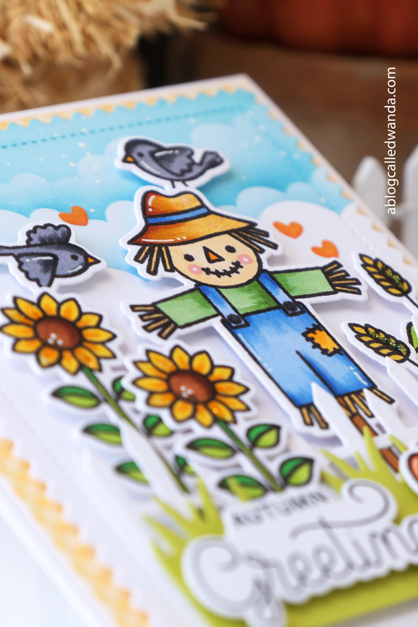 pretty pink posh new release, pretty pink posh stamps and dies, pretty pink posh fall autumn, pretty pink posh scarecrows, fall bucket, pretty pink posh fall word shaker, fall leaves, ink blending, copic coloring, pretty pink posh card ideas for fall. scarecrow cards, fall cards, wanda guess, a blog called wanda