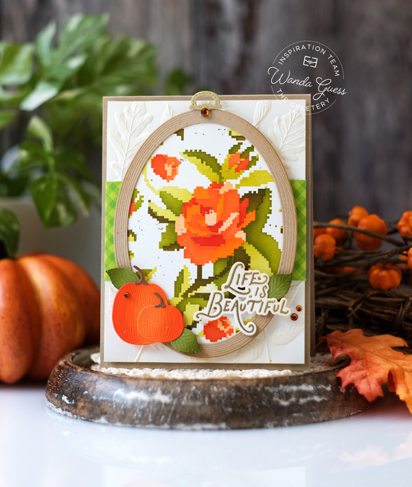 the greetery, the greetery stamps and dies, the greetery rose tapestry stencils, cross stitch card, fall card ideas, autumn, harvest, crafting, the greetery cards, wanda guess, a blog called wanda
