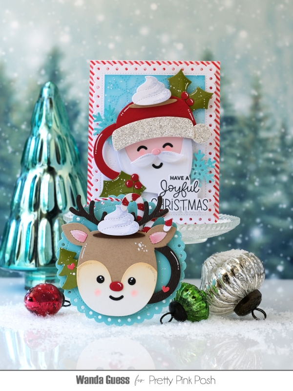 pretty pink posh stamps and dies, pretty pink posh christmas release, holiday, winter, santa, handmade christmas card ideas, die cut cards, holiday cards, pretty pink posh christmas mugs, pretty pink posh stocking gift card, reindeer holder, pretty pink posh gingherbread house, wanda guess, a blog called wanda, cute christmas projects, handmade holidays