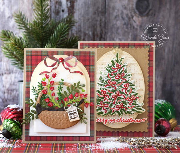 the greetery, the greetery new release, the greetery christmas, the greetery district twelve/25, the greetery bowtique holiday, the greetery brimming baskets, christmas cards, holiday cards, classic christmas, handmade card ideas, christmas tree, basket, wanda guess, a blog called wanda